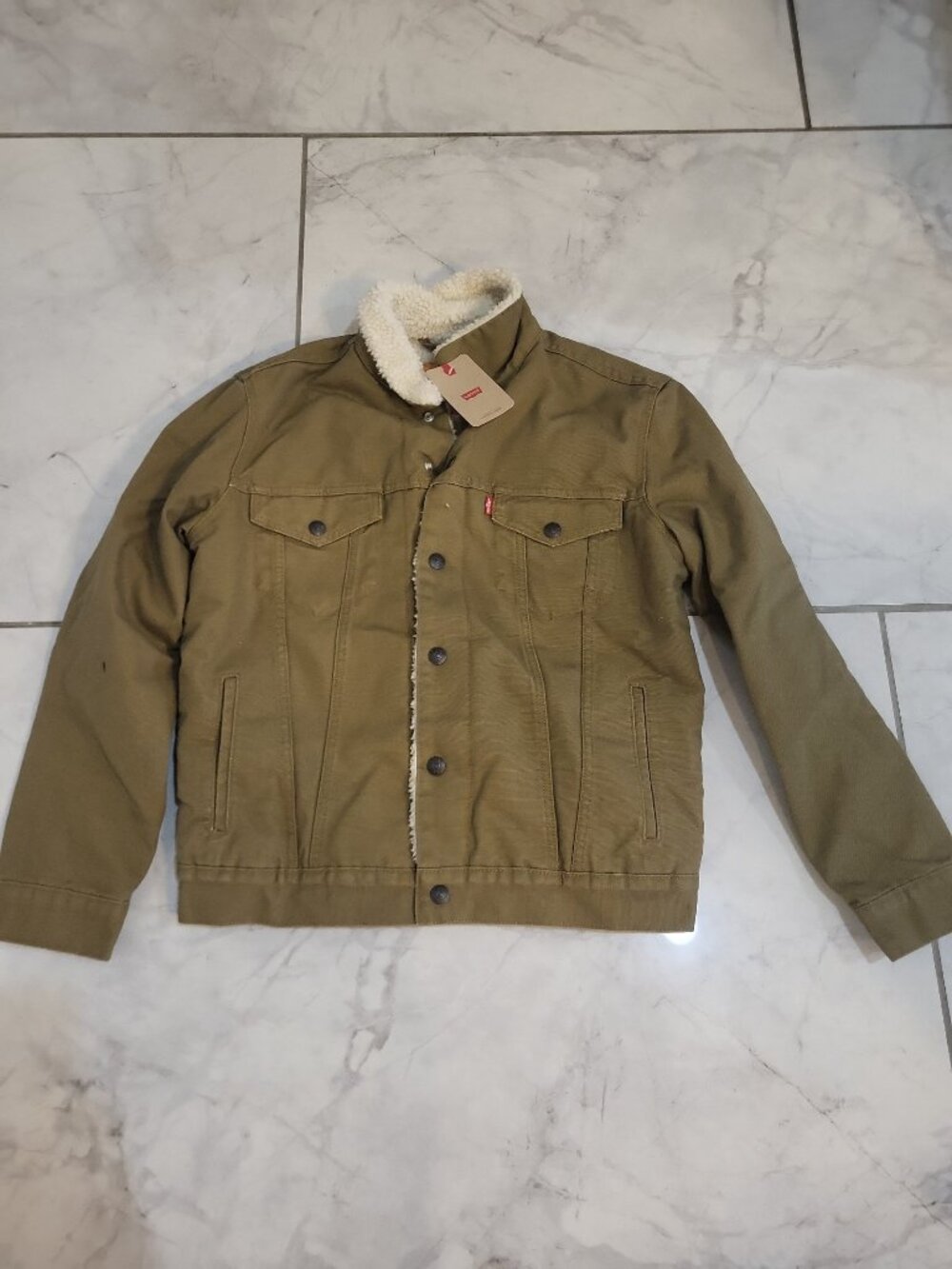 NWT! Men's Small Levi's Trucker Jacket Khaki Denim Fleece Lined Snap Front West
